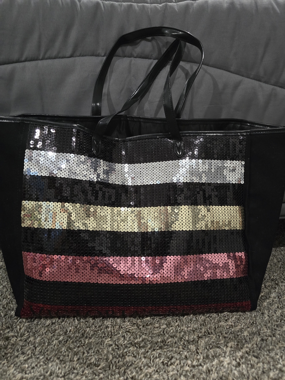 Victoria's Secret Black Tote with Silver, Gold & Pink Sequin Stripes